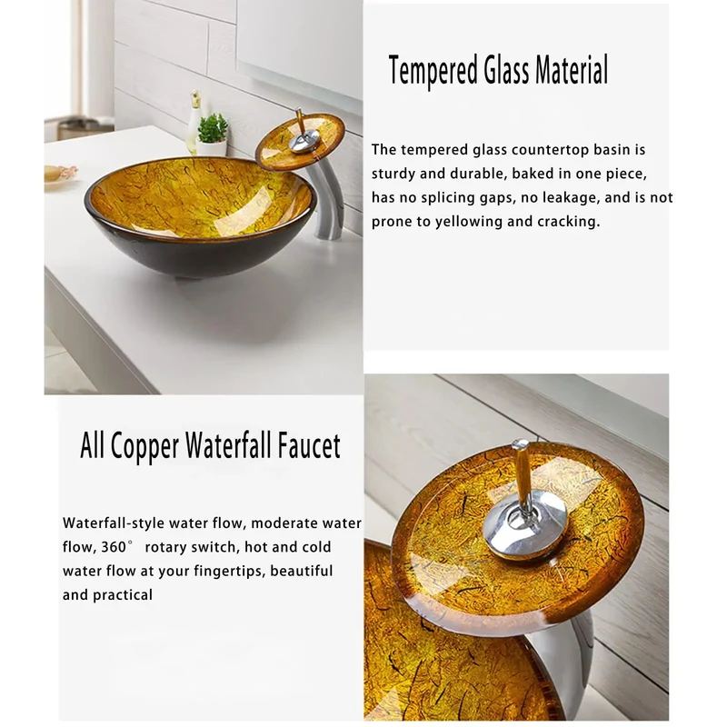 Yellow Tempered Glass Bathroom Vessel Sink Round Art Basin With Waterfall Faucet And Pop Up Drain Countertop Mount 16.5 Inch Hella Durable Sleek Modern Design For Your Home Glow Up Top Shelf Quality And Super Swanky Finish That Slays Style