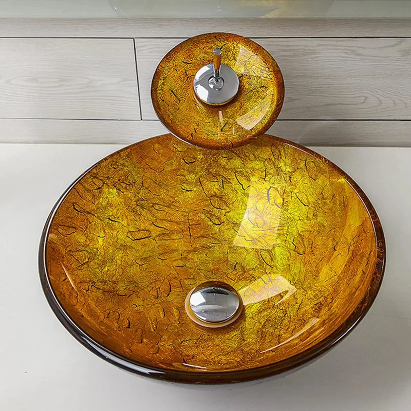 Yellow Tempered Glass Bathroom Vessel Sink Round Art Basin With Waterfall Faucet And Pop Up Drain Countertop Mount 16.5 Inch Hella Durable Sleek Modern Design For Your Home Glow Up Top Shelf Quality And Super Swanky Finish That Slays Style