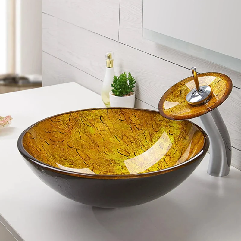 Yellow Tempered Glass Bathroom Vessel Sink Round Art Basin With Waterfall Faucet And Pop Up Drain Countertop Mount 16.5 Inch Hella Durable Sleek Modern Design For Your Home Glow Up Top Shelf Quality And Super Swanky Finish That Slays Style