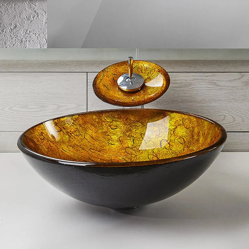Yellow Tempered Glass Bathroom Vessel Sink Round Art Basin With Waterfall Faucet And Pop Up Drain Countertop Mount 16.5 Inch Hella Durable Sleek Modern Design For Your Home Glow Up Top Shelf Quality And Super Swanky Finish That Slays Style