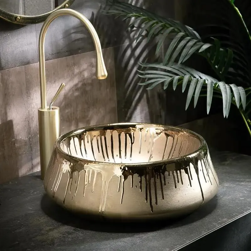 European Style Golden Vessel Sink Above Counter Basin For Bathroom Vanity Decor Smooth Finish Top Shelf Home Refresh With Graceful Curves And Killer Looks