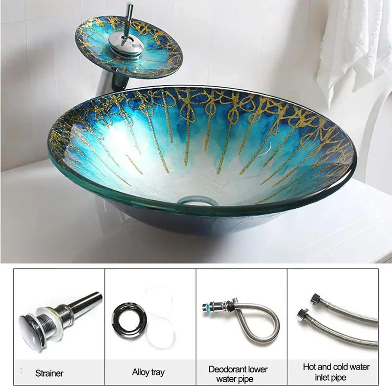 Striking Blue And Gold Patterned Tempered Glass Vessel Sink For Bathroom Countertop Mount Featuring Quick Drainage Coating And Robust Base For A Smooth Dope Glow Up In Your Private Wash Zone