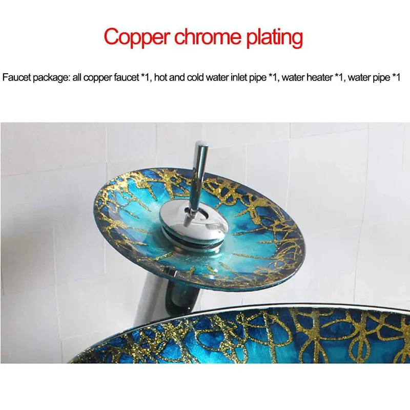 Striking Blue And Gold Patterned Tempered Glass Vessel Sink For Bathroom Countertop Mount Featuring Quick Drainage Coating And Robust Base For A Smooth Dope Glow Up In Your Private Wash Zone