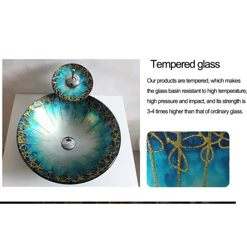 Striking Blue And Gold Patterned Tempered Glass Vessel Sink For Bathroom Countertop Mount Featuring Quick Drainage Coating And Robust Base For A Smooth Dope Glow Up In Your Private Wash Zone