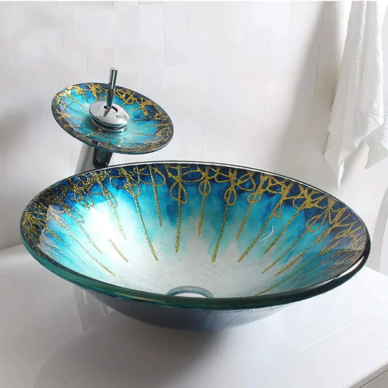 Striking Blue And Gold Patterned Tempered Glass Vessel Sink For Bathroom Countertop Mount Featuring Quick Drainage Coating And Robust Base For A Smooth Dope Glow Up In Your Private Wash Zone