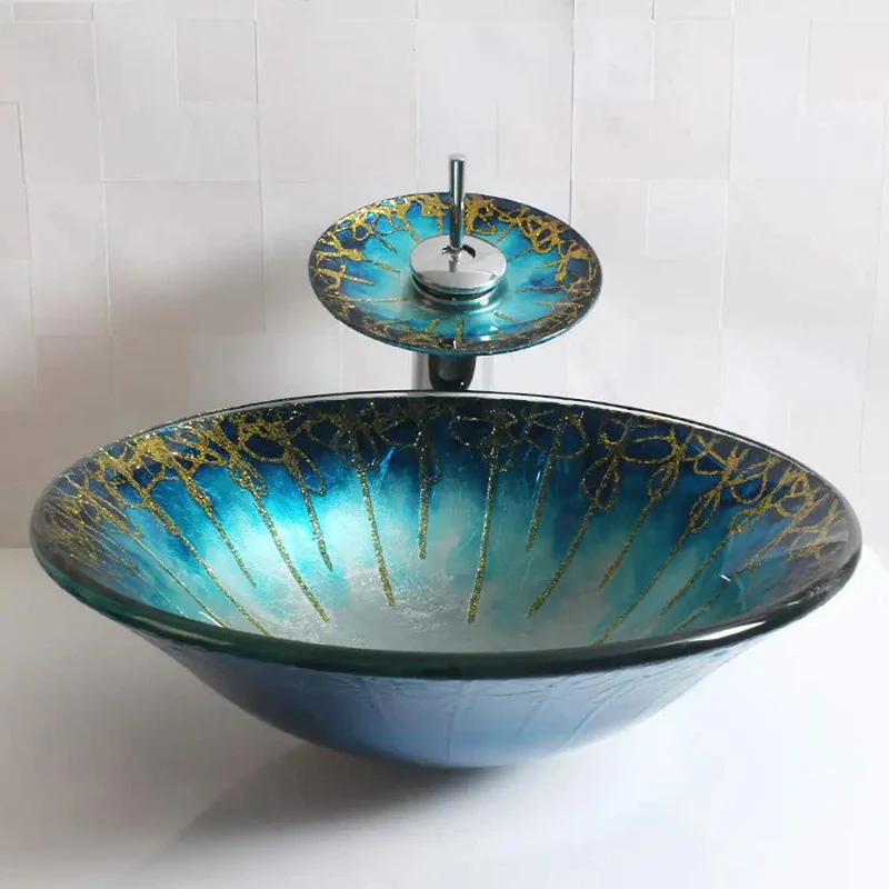 Striking Blue And Gold Patterned Tempered Glass Vessel Sink For Bathroom Countertop Mount Featuring Quick Drainage Coating And Robust Base For A Smooth Dope Glow Up In Your Private Wash Zone