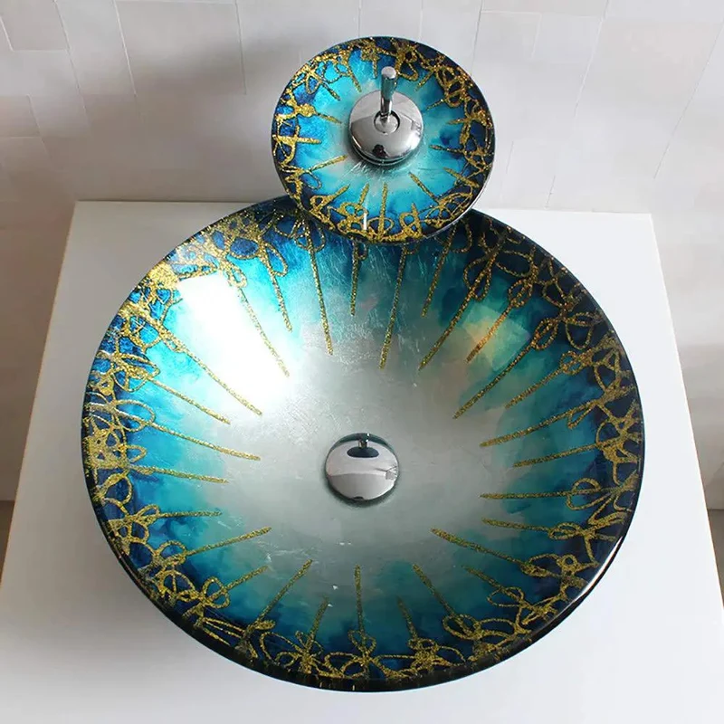 Striking Blue And Gold Patterned Tempered Glass Vessel Sink For Bathroom Countertop Mount Featuring Quick Drainage Coating And Robust Base For A Smooth Dope Glow Up In Your Private Wash Zone