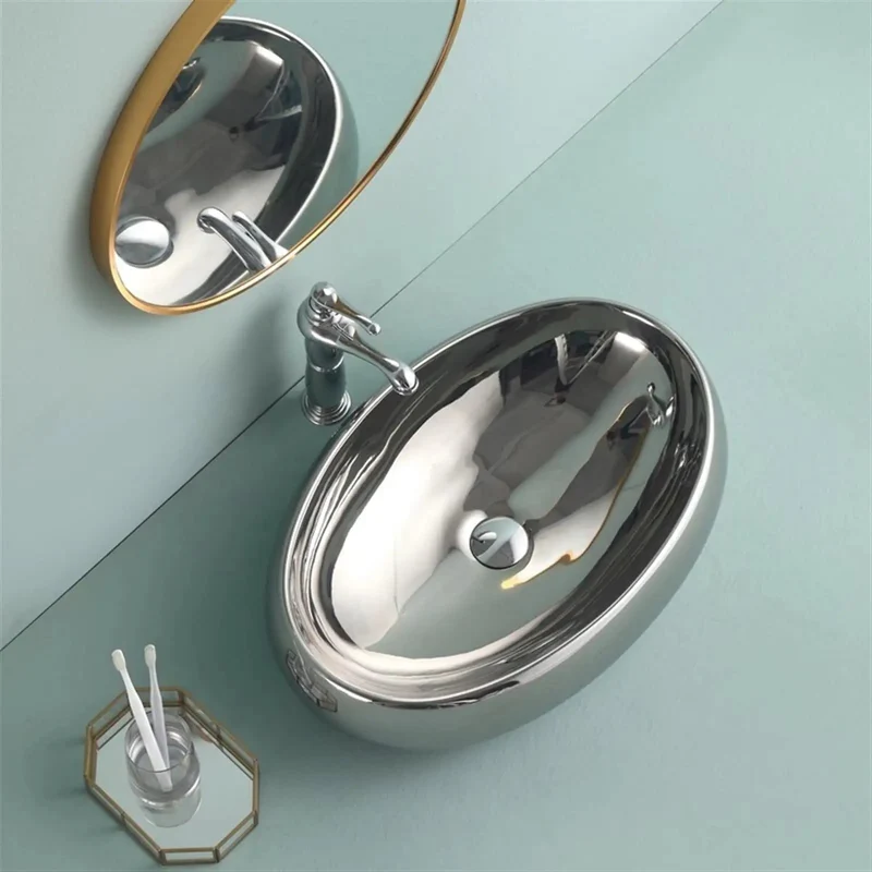 Slick European Ceramic Vessel Sink With Top Shelf Chrome Faucet Included Darn Tough Oval Above Counter Bathroom Washbasin Rock Solid Art Basin For No Sweat Cleaning And Smooth Modern Setup