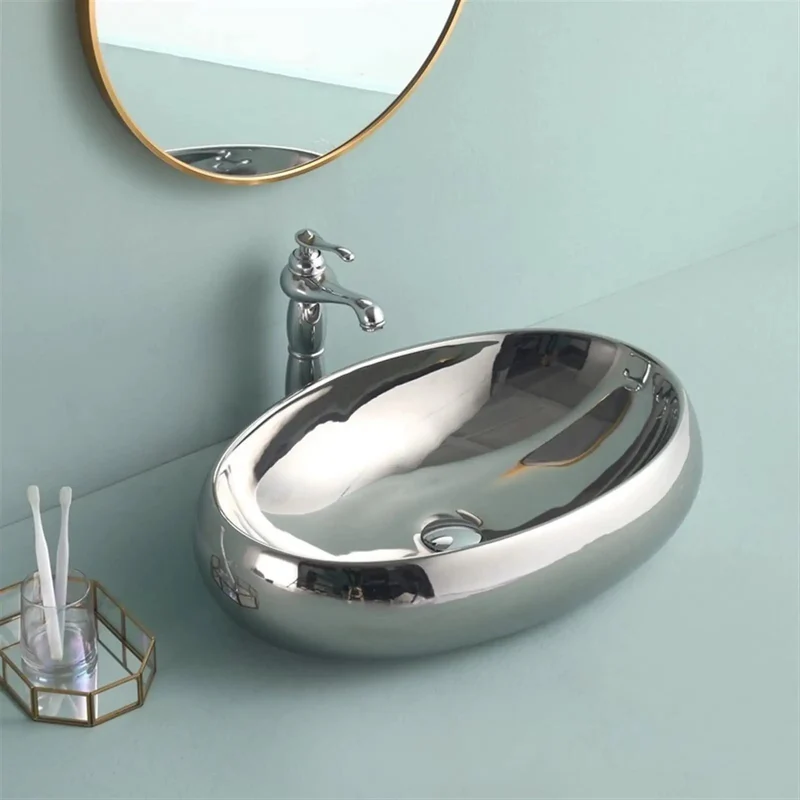 Slick European Ceramic Vessel Sink With Top Shelf Chrome Faucet Included Darn Tough Oval Above Counter Bathroom Washbasin Rock Solid Art Basin For No Sweat Cleaning And Smooth Modern Setup