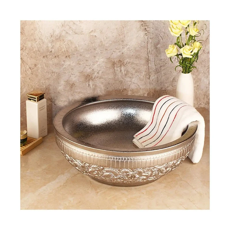 Classic Round Bathroom Vessel Sink Crafted From Premium Tempered Glass Features A Hand Painted Art Motif With A Slick Mirror Finish That Makes Cleaning A Total Breeze While Upgrading Your Lavatory To Top Shelf Status