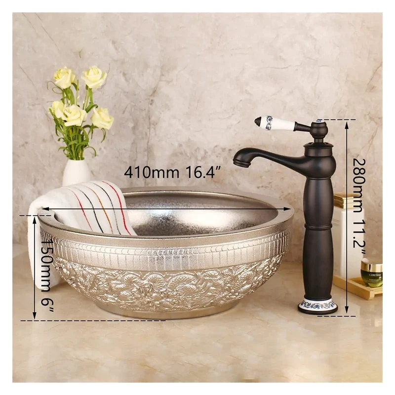Classic Round Bathroom Vessel Sink Crafted From Premium Tempered Glass Features A Hand Painted Art Motif With A Slick Mirror Finish That Makes Cleaning A Total Breeze While Upgrading Your Lavatory To Top Shelf Status