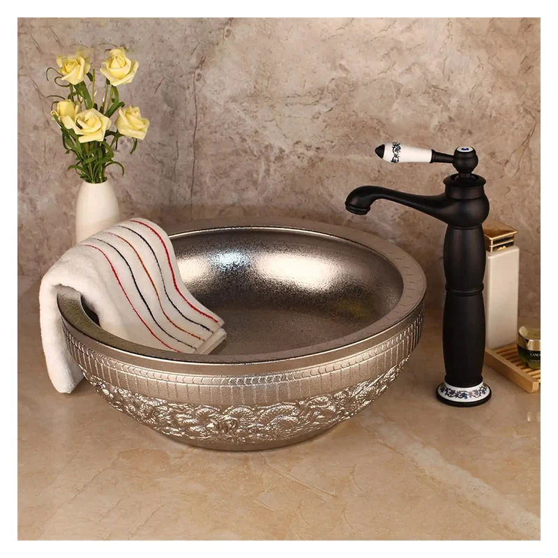 Classic Round Bathroom Vessel Sink Crafted From Premium Tempered Glass Features A Hand Painted Art Motif With A Slick Mirror Finish That Makes Cleaning A Total Breeze While Upgrading Your Lavatory To Top Shelf Status