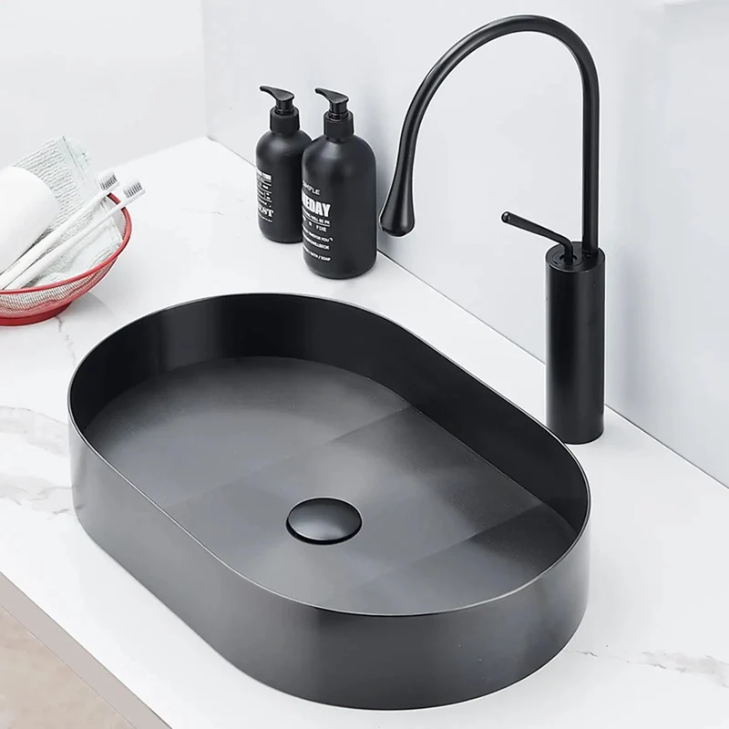 Sleek Matte Black Vessel Sink Heavy Gauge Stainless Steel Above Counter Bathroom Vanity Basin 21 By 13 Inch Modern Art Sink With Beefy Construction And Crisp Clean Lines