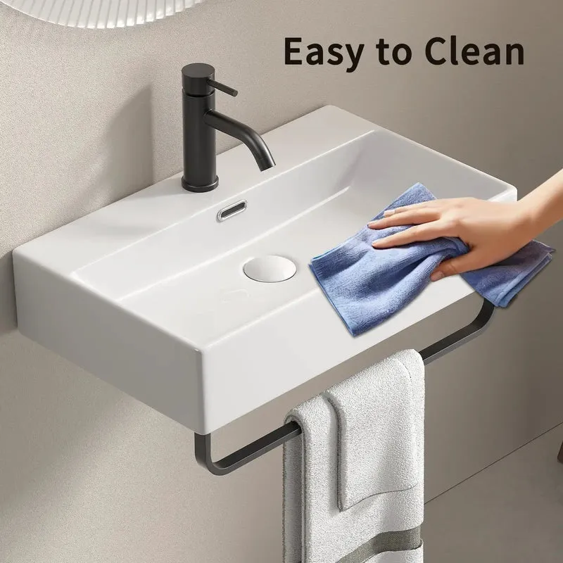 Sleek Rectangular Ceramic Wall Mount Vessel Sink With Heavy Duty Towel Bar For Compact Baths And Kitchens Super Smooth Floating Basin Top Notch Look In Creamy Milk White