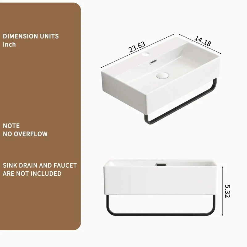 Sleek Rectangular Ceramic Wall Mount Vessel Sink With Heavy Duty Towel Bar For Compact Baths And Kitchens Super Smooth Floating Basin Top Notch Look In Creamy Milk White
