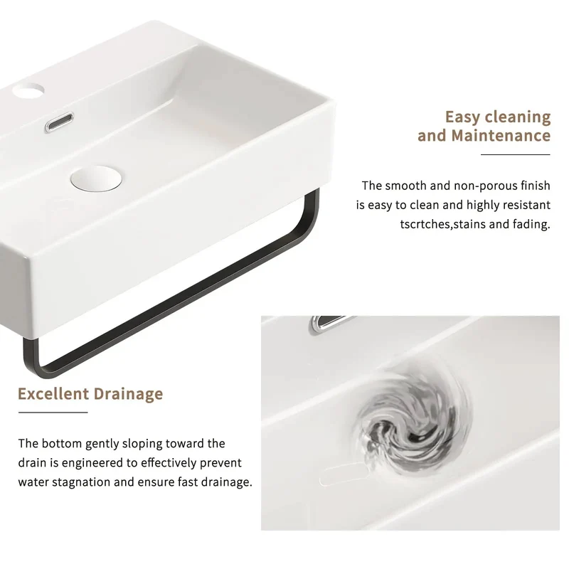 Sleek Rectangular Ceramic Wall Mount Vessel Sink With Heavy Duty Towel Bar For Compact Baths And Kitchens Super Smooth Floating Basin Top Notch Look In Creamy Milk White