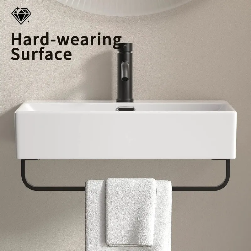 Sleek Rectangular Ceramic Wall Mount Vessel Sink With Heavy Duty Towel Bar For Compact Baths And Kitchens Super Smooth Floating Basin Top Notch Look In Creamy Milk White