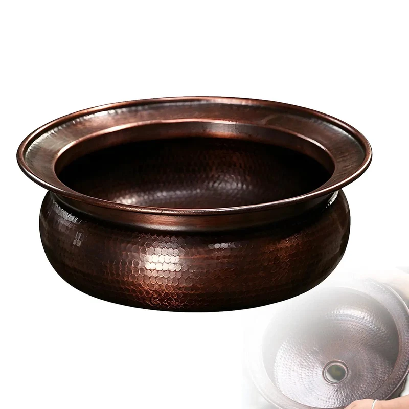 Genuine Handforged Copper Basin, Pro Level Vessel Sink With Lightning Fast Drain And Hose, Built Tough Countertop Foot Soak Bowl For Urban Bathrooms And Spa Vanities
