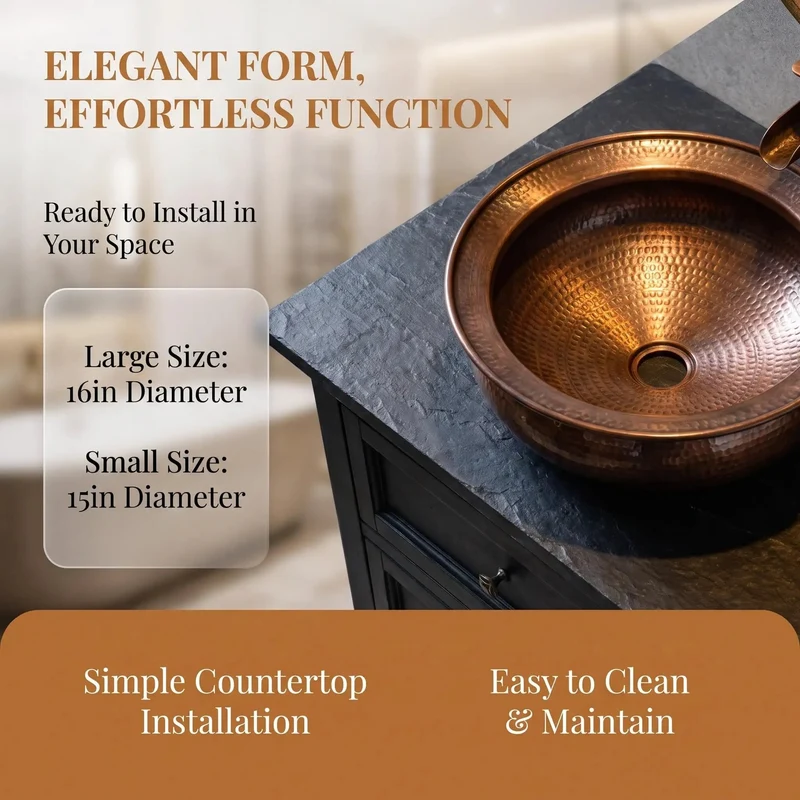 Genuine Handforged Copper Basin, Pro Level Vessel Sink With Lightning Fast Drain And Hose, Built Tough Countertop Foot Soak Bowl For Urban Bathrooms And Spa Vanities