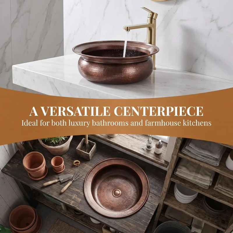 Genuine Handforged Copper Basin, Pro Level Vessel Sink With Lightning Fast Drain And Hose, Built Tough Countertop Foot Soak Bowl For Urban Bathrooms And Spa Vanities