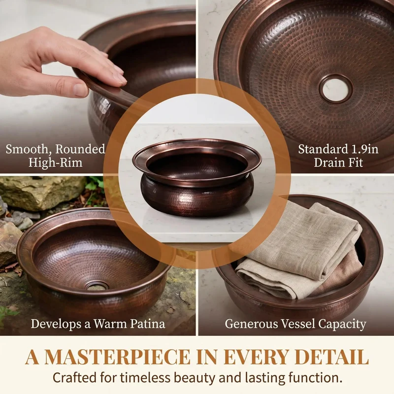 Genuine Handforged Copper Basin, Pro Level Vessel Sink With Lightning Fast Drain And Hose, Built Tough Countertop Foot Soak Bowl For Urban Bathrooms And Spa Vanities