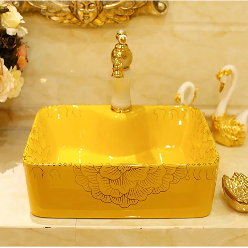 Top Shelf Gold Rectangle Vessel Sink Above Counter Bathroom Vanity Basin Premium Ceramic Countertop Washbasin Lowkey Stylish House Refresh Staple With Smooth Daily Flow And Clean Urban Vibes