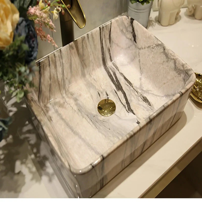 Professional Grade Rectangular Ceramic Vessel Sink With Slick Marble Veining And Complete Faucet Kit Hassle Free Countertop Setup For Show Stopping Bathroom Vanity