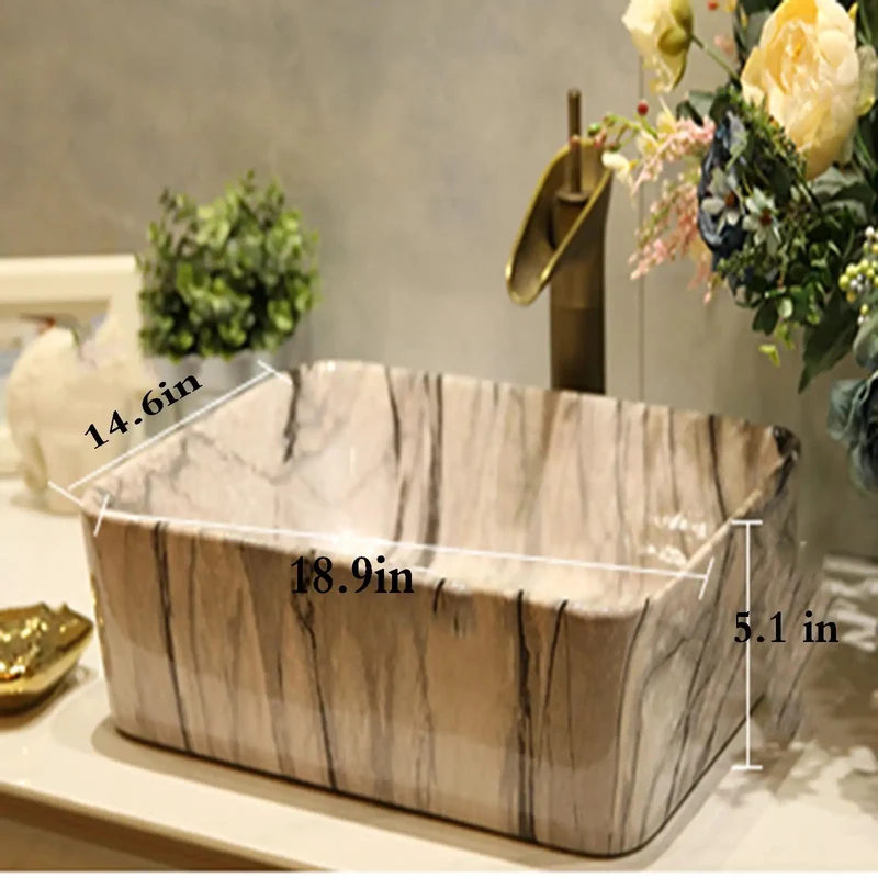 Professional Grade Rectangular Ceramic Vessel Sink With Slick Marble Veining And Complete Faucet Kit Hassle Free Countertop Setup For Show Stopping Bathroom Vanity