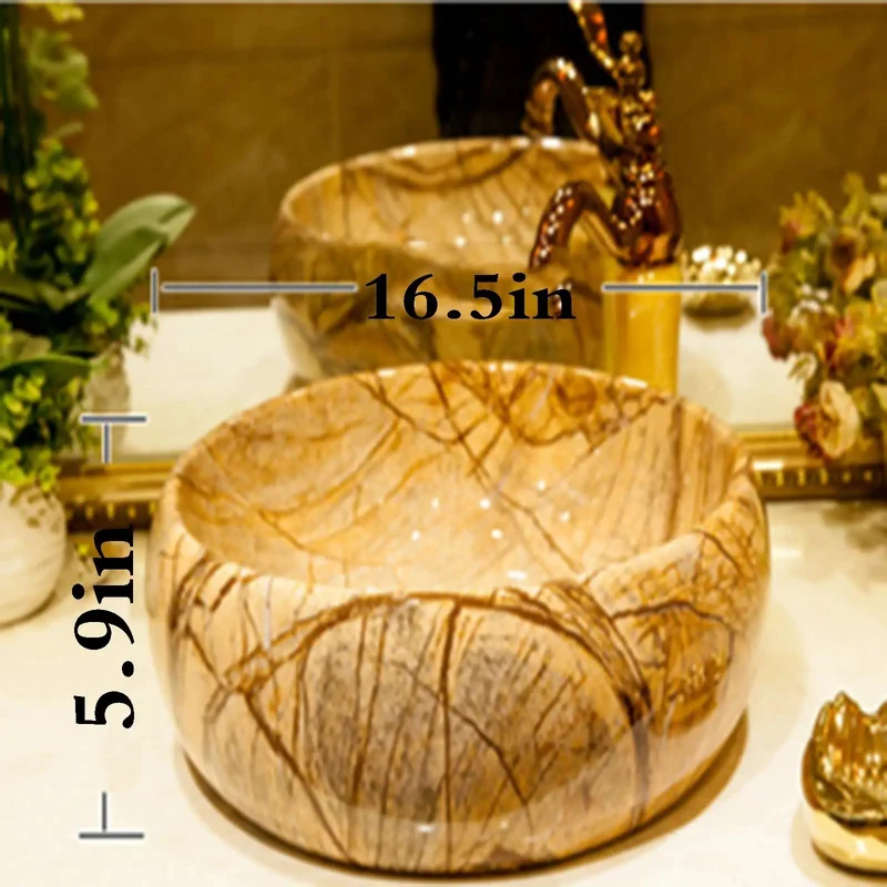 Super Sleek Round Ceramic Vessel Sink For Your Bath Comes Fully Loaded With Modern Faucet And Fast Drain Pipe Stylized Marbled Finish That Sits Perfectly On Any Vanity Zero Hassle Straight Forward Install