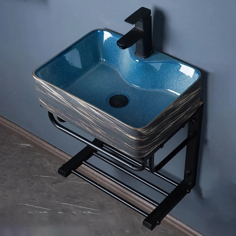 Wall Mounted Premium High Density Ceramic Vessel Sink With Sleek Rectangular U Shaped Basin And Heavy Duty Faucet And Sturdy Metal Pedestal Stand For Compact Bathrooms