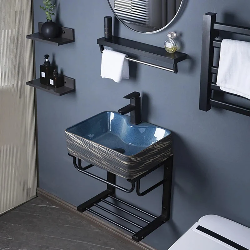 Wall Mounted Premium High Density Ceramic Vessel Sink With Sleek Rectangular U Shaped Basin And Heavy Duty Faucet And Sturdy Metal Pedestal Stand For Compact Bathrooms