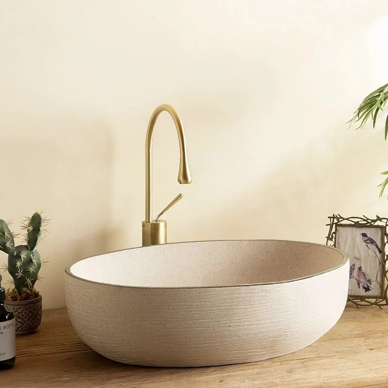 Heavy Duty Retro Oval Ceramic Vessel Sink Premium Countertop Basin Dark Brushed Texture Show Stopper For Modern Bathroom Vanity And Balcony Lavatory Wash Station Artisanal Finish Rock Solid Construction
