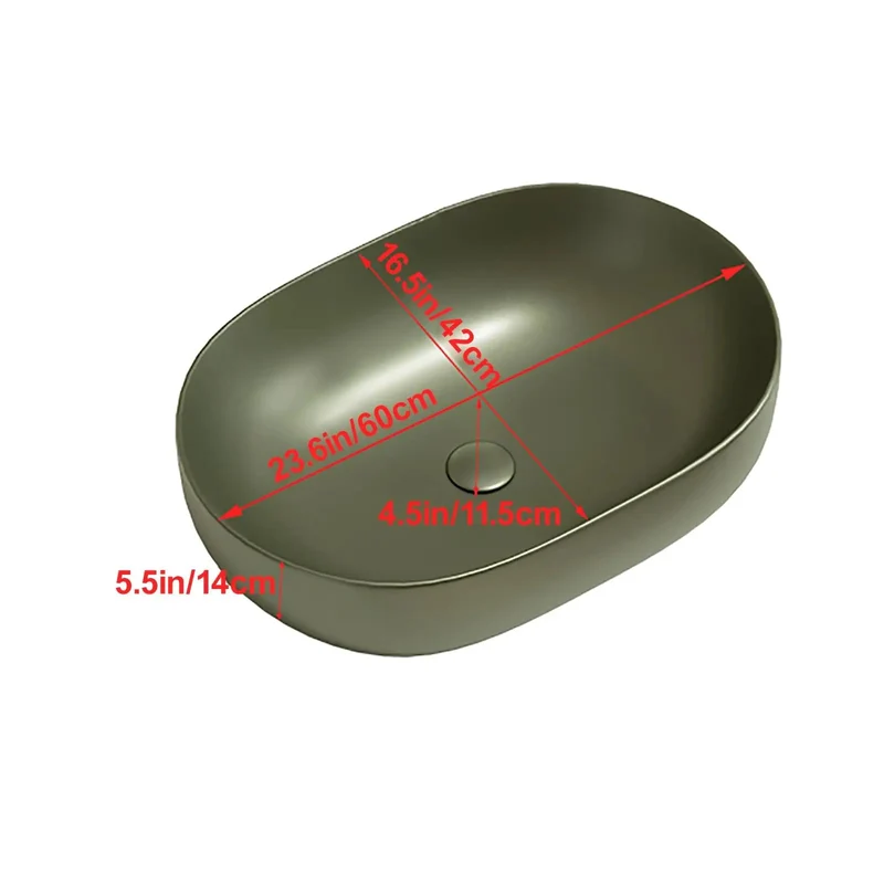 Retro Green Ceramic Vessel Sink With Hella Stylish Curved Shape For Above Counter Bathroom Vanity, Scratch Resistant Glaze, No Sweat Maintenance, Durable Construction For Guest Bath Or Balcony, 23.6 Inch