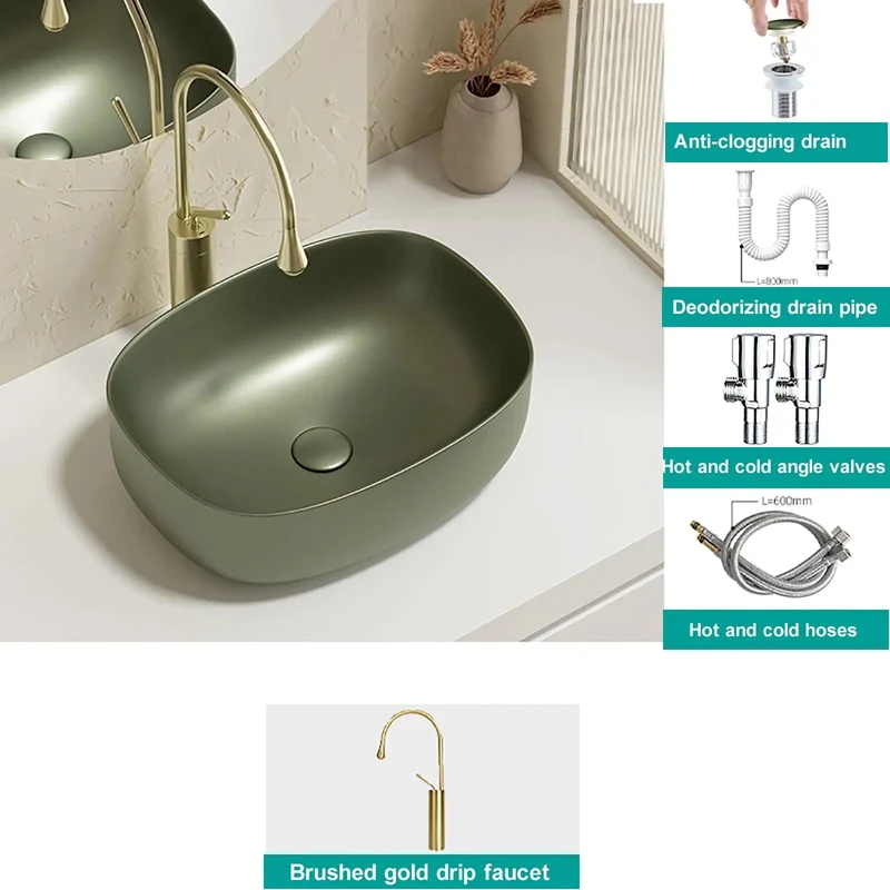 Retro Green Ceramic Vessel Sink With Hella Stylish Curved Shape For Above Counter Bathroom Vanity, Scratch Resistant Glaze, No Sweat Maintenance, Durable Construction For Guest Bath Or Balcony, 23.6 Inch
