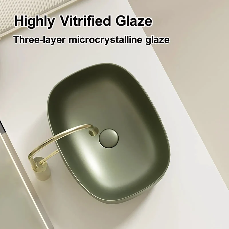 Retro Green Ceramic Vessel Sink With Hella Stylish Curved Shape For Above Counter Bathroom Vanity, Scratch Resistant Glaze, No Sweat Maintenance, Durable Construction For Guest Bath Or Balcony, 23.6 Inch
