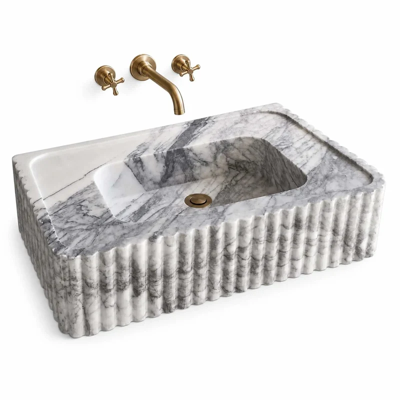 Top Shelf Calacatta Viola Marble Fluted Sink Hand Carved Rectangular Wall Mounted Vanity Basin Straight Luxury Upgrade Natural Stone Washbasin Hella Stunning For Powder Rooms