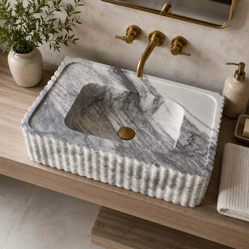Top Shelf Calacatta Viola Marble Fluted Sink Hand Carved Rectangular Wall Mounted Vanity Basin Straight Luxury Upgrade Natural Stone Washbasin Hella Stunning For Powder Rooms