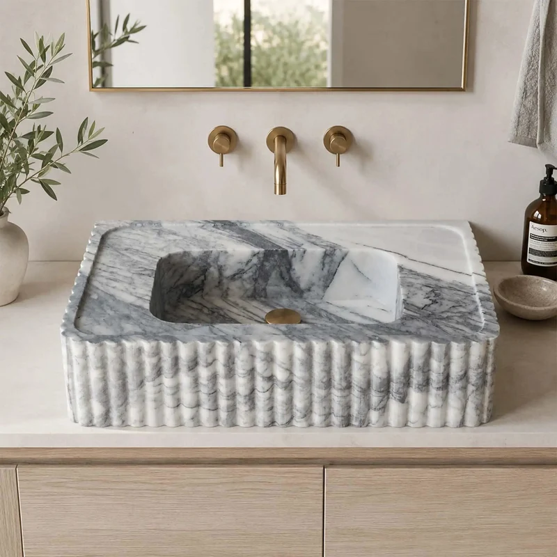 Top Shelf Calacatta Viola Marble Fluted Sink Hand Carved Rectangular Wall Mounted Vanity Basin Straight Luxury Upgrade Natural Stone Washbasin Hella Stunning For Powder Rooms