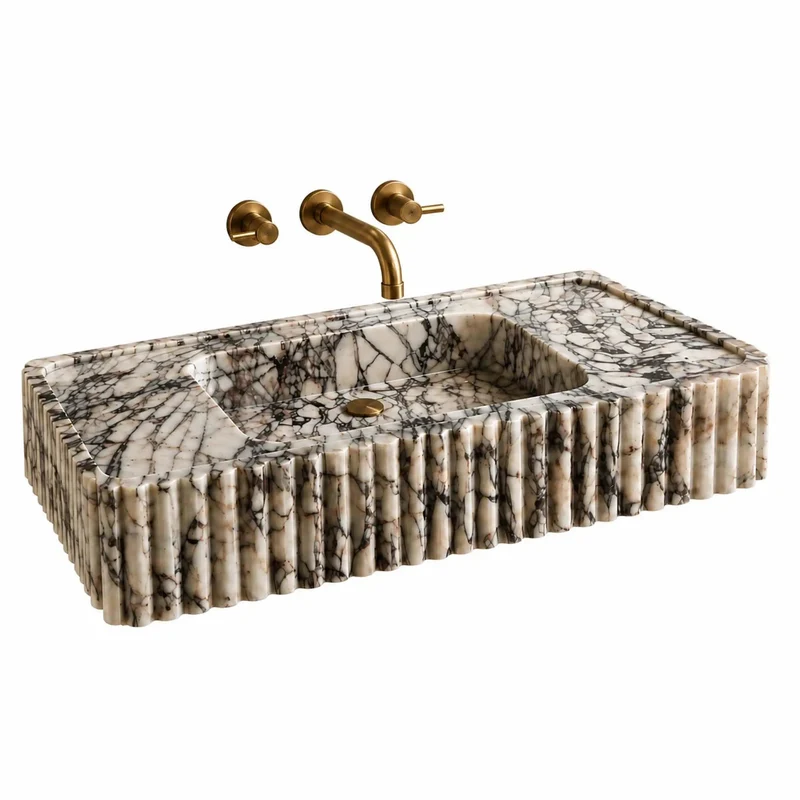 Hella Luxe Calacatta Viola Marble Fluted Sink Hand Carved Rectangular Wall Mount Bathroom Vanity Basin With Dramatic Purple Veining For Modern Bathrooms