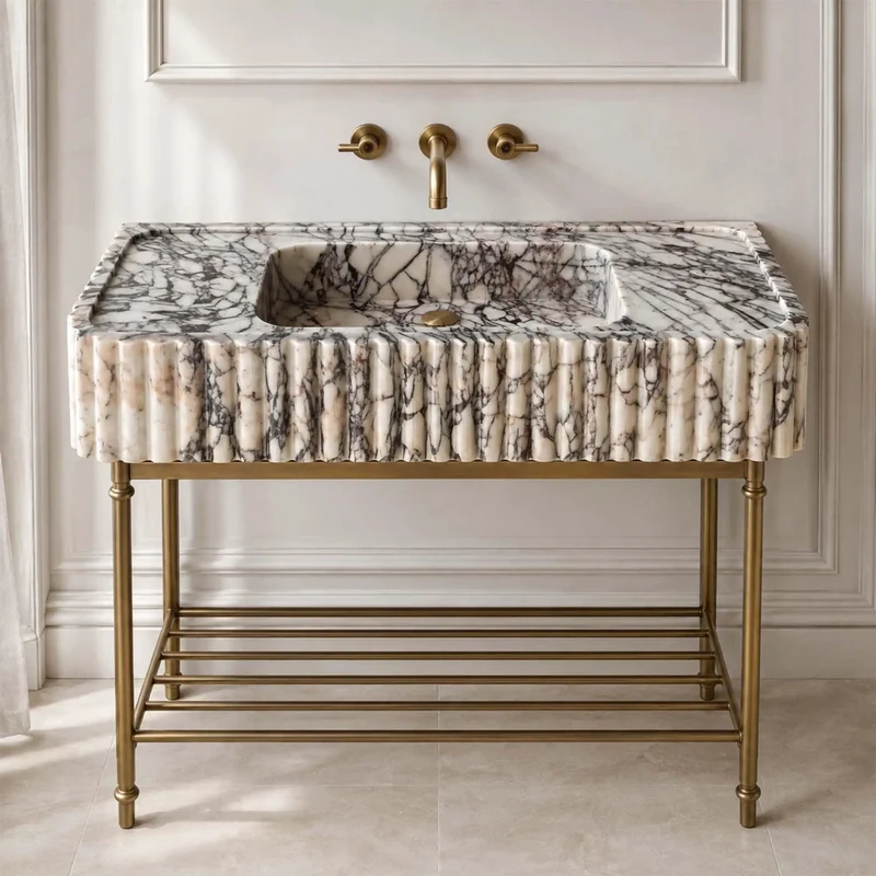 Hella Luxe Calacatta Viola Marble Fluted Sink Hand Carved Rectangular Wall Mount Bathroom Vanity Basin With Dramatic Purple Veining For Modern Bathrooms