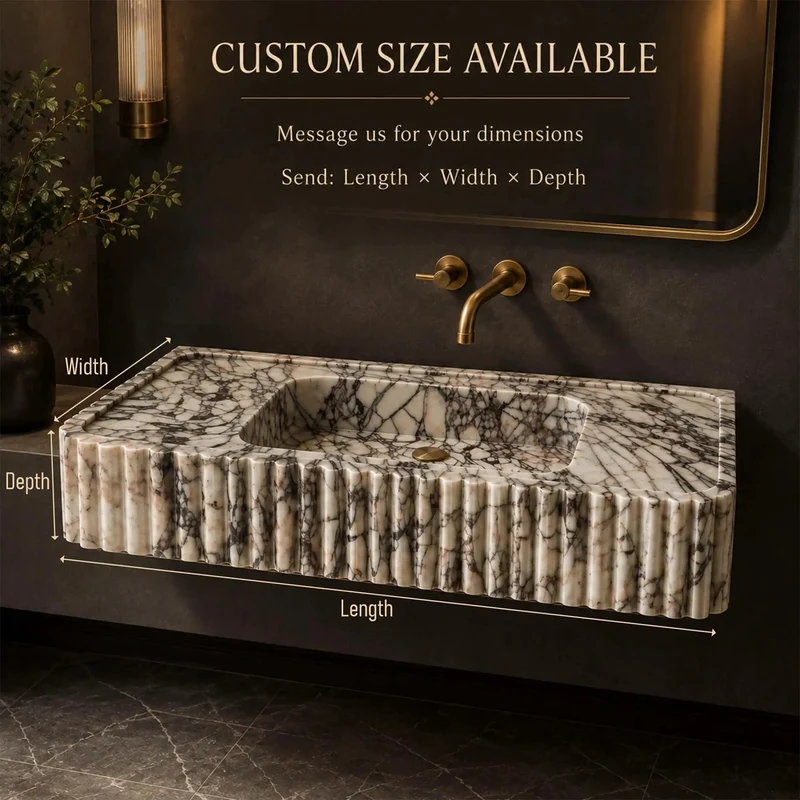 Hella Luxe Calacatta Viola Marble Fluted Sink Hand Carved Rectangular Wall Mount Bathroom Vanity Basin With Dramatic Purple Veining For Modern Bathrooms