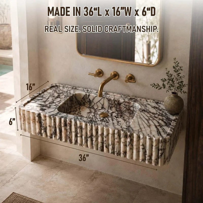 Hella Luxe Calacatta Viola Marble Fluted Sink Hand Carved Rectangular Wall Mount Bathroom Vanity Basin With Dramatic Purple Veining For Modern Bathrooms