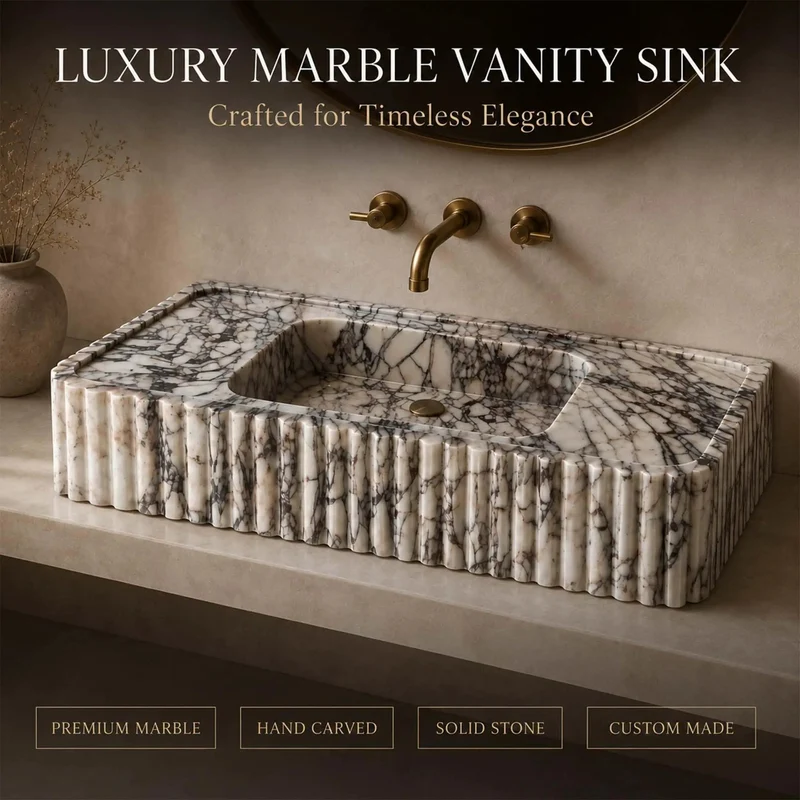 Hella Luxe Calacatta Viola Marble Fluted Sink Hand Carved Rectangular Wall Mount Bathroom Vanity Basin With Dramatic Purple Veining For Modern Bathrooms