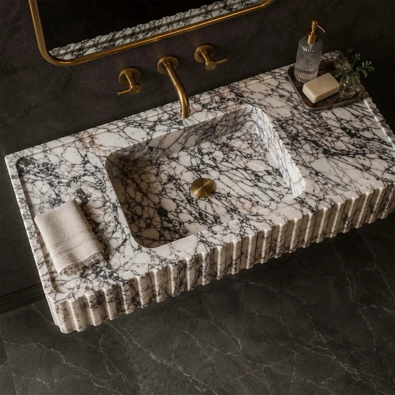 Hella Luxe Calacatta Viola Marble Fluted Sink Hand Carved Rectangular Wall Mount Bathroom Vanity Basin With Dramatic Purple Veining For Modern Bathrooms