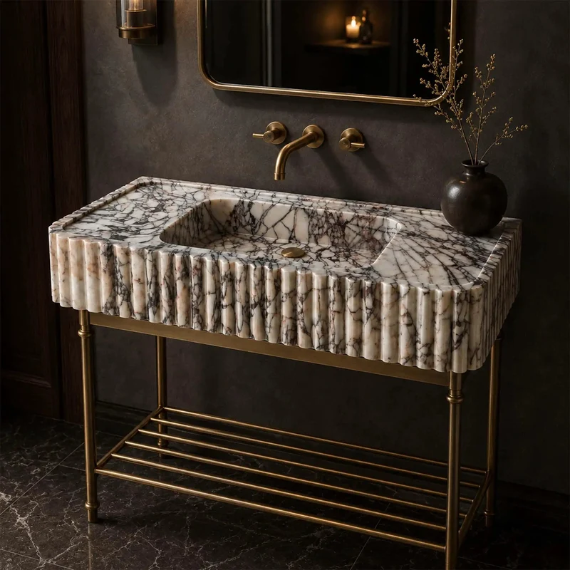 Hella Luxe Calacatta Viola Marble Fluted Sink Hand Carved Rectangular Wall Mount Bathroom Vanity Basin With Dramatic Purple Veining For Modern Bathrooms