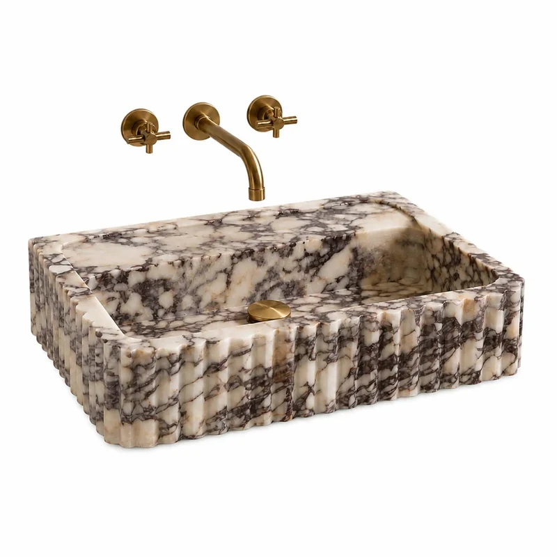Drop Dead Gorgeous Calacatta Viola Marble Apron Sink With Hand Carved Fluted Edges And Rich Burgundy Taupe Veining For A Legit Top Shelf Premium Bathroom Vanity Setup