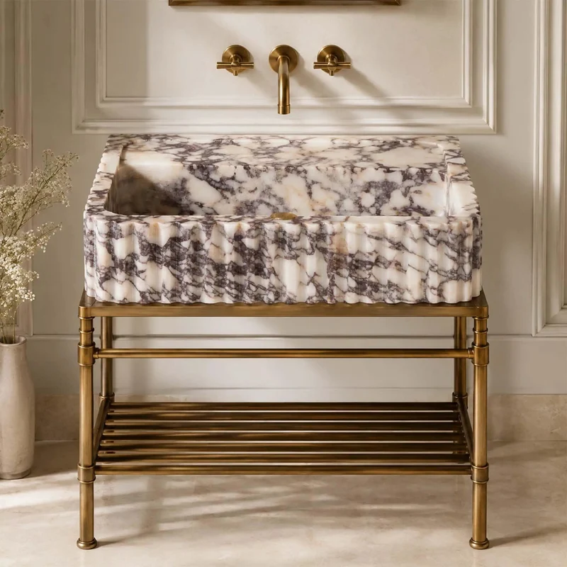 Drop Dead Gorgeous Calacatta Viola Marble Apron Sink With Hand Carved Fluted Edges And Rich Burgundy Taupe Veining For A Legit Top Shelf Premium Bathroom Vanity Setup