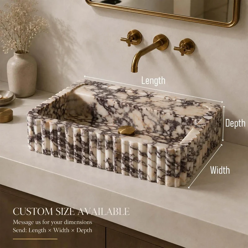 Drop Dead Gorgeous Calacatta Viola Marble Apron Sink With Hand Carved Fluted Edges And Rich Burgundy Taupe Veining For A Legit Top Shelf Premium Bathroom Vanity Setup