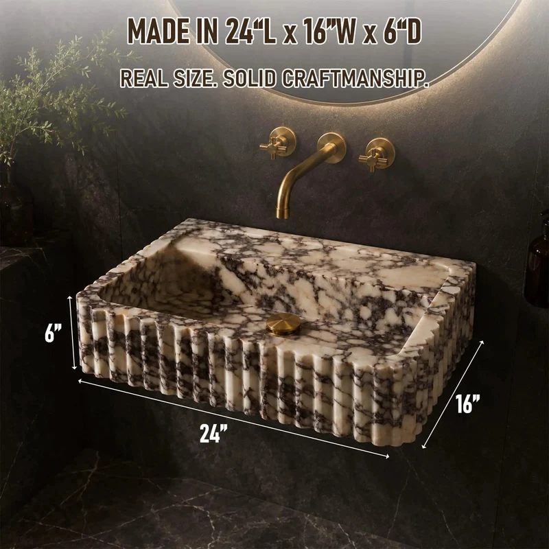 Drop Dead Gorgeous Calacatta Viola Marble Apron Sink With Hand Carved Fluted Edges And Rich Burgundy Taupe Veining For A Legit Top Shelf Premium Bathroom Vanity Setup