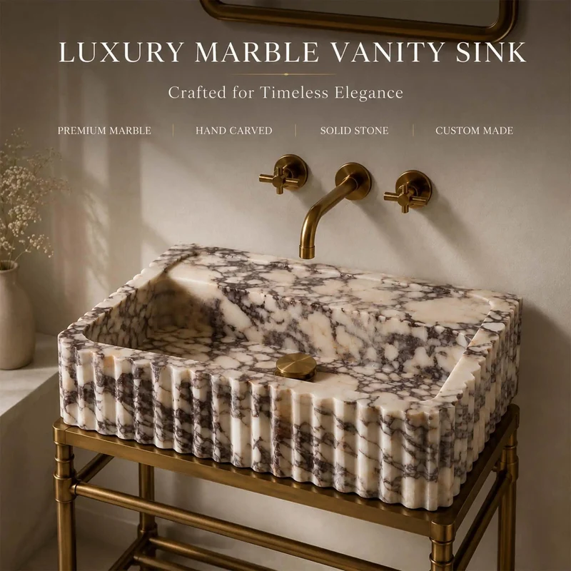 Drop Dead Gorgeous Calacatta Viola Marble Apron Sink With Hand Carved Fluted Edges And Rich Burgundy Taupe Veining For A Legit Top Shelf Premium Bathroom Vanity Setup